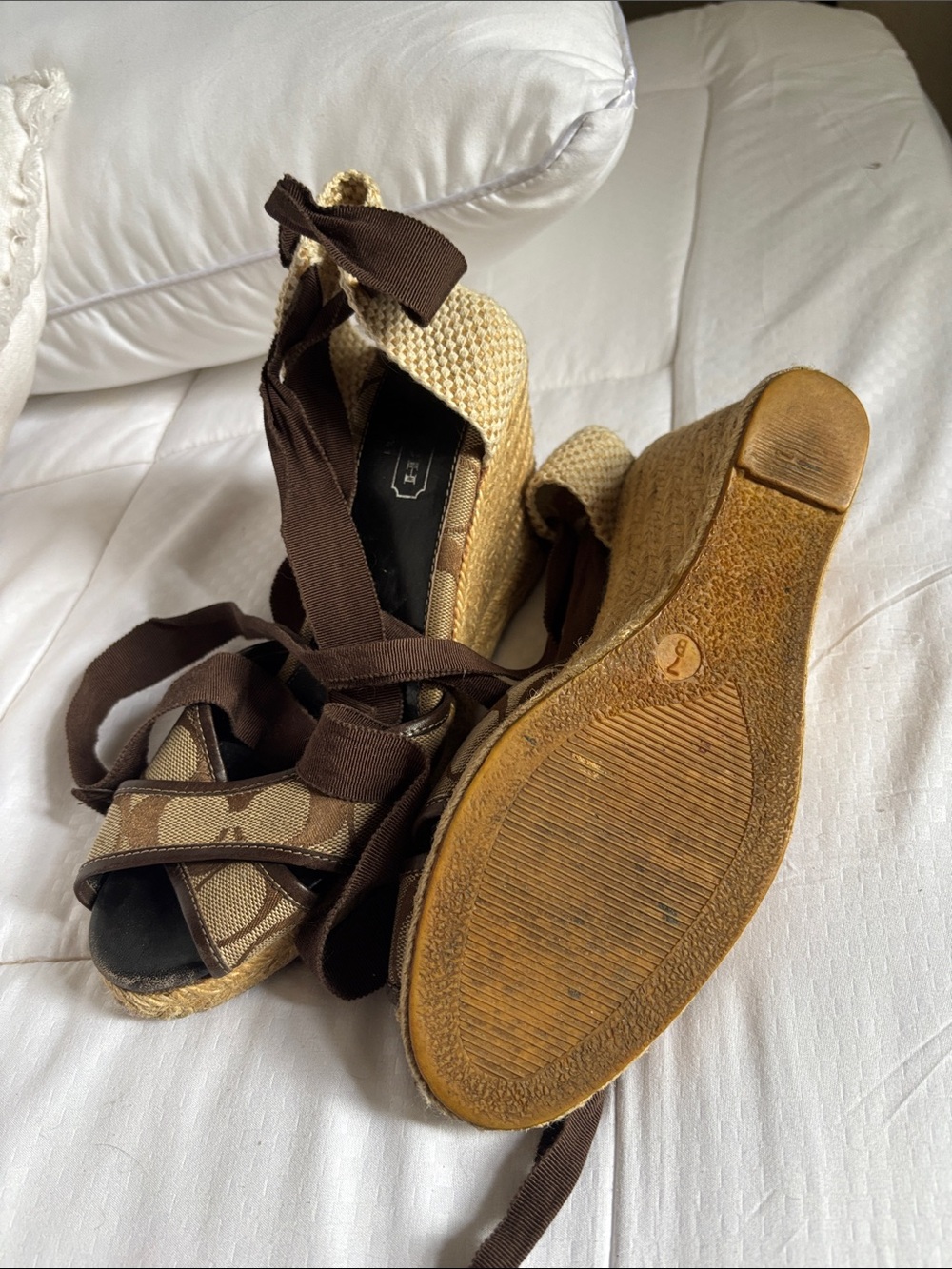Coach Tan and Brown Signature Canvas Espadrille Wedges with Ankle Ties - Picture 3 of 4